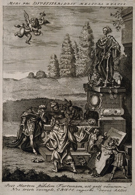 Kings examine the skeleton of King Cresus; allegory of vanity in the face of death. Etching by H. Allard.