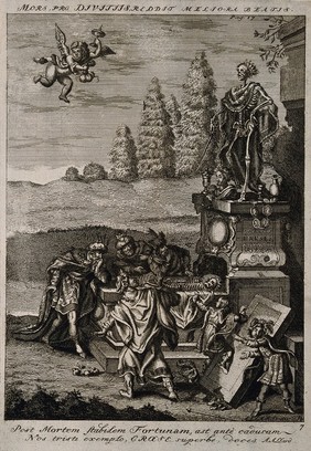 Kings examine the skeleton of King Croesus; allegory of vanity in the face of death. Etching by A. Allard.