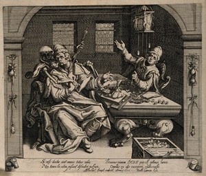 view A wealthy man is stabbed by a skeleton while a man weighs coins on the other side of the table; representing the vanity of riches. Engraving by M. Pregel, 1616.