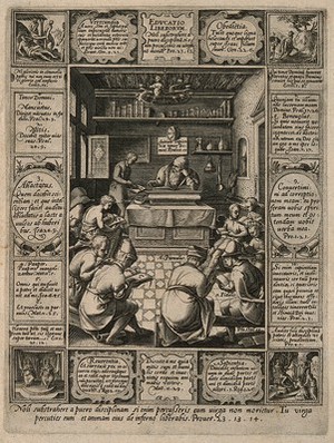 view A schoolroom; illustrating Biblical proverbs on the necessity of the discipline of children. Engraving by H. Goltzius.