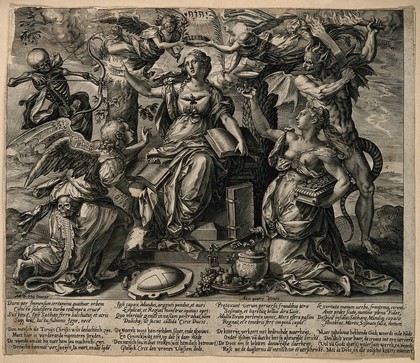 A woman beleaguered by four enemies; representing Faith resisting Death, Schism, the World and the Devil. Engraving by Hieronymus Wierix after Maarten de Vos, 156-.