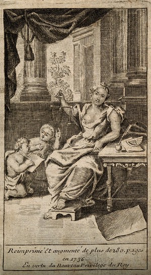 view A female figure holding a pair of scales, resting her foot on a footstool; representing justice. Etching, c. 1736.