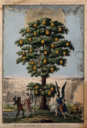 A tree bearing fruit labelled with virtues; representing the life of the Christian. Coloured etching by J. Couse, c. 1780, after J. Bakewell.