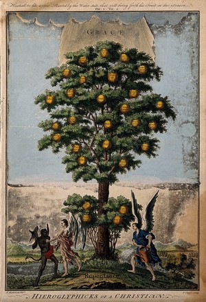 view A tree bearing fruit labelled with virtues; representing the life of the Christian. Coloured etching by J. Couse, c. 1780, after J. Bakewell.