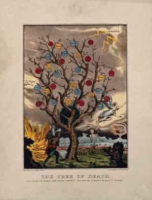 view A withered tree bearing apples labelled with sins; representing the life of sin. Coloured lithograph, c. 1870, after J. Bakewell.