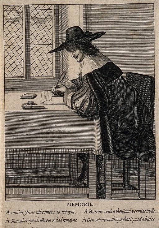 A man writing; representing the faculty of memory. Engraving by T. Jenner (?), c. 1650.