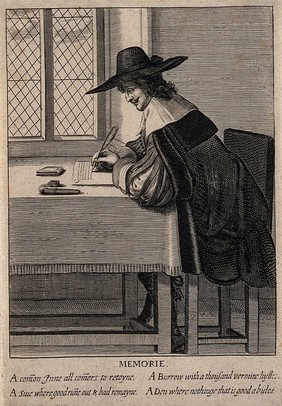 A man writing; representing the faculty of memory. Engraving, 16--.