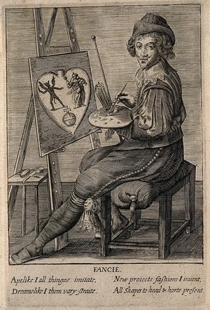 view An artist painting a woman with a hand mirror and the devil; representing the faculty of the imagination. Engraving, 16--.