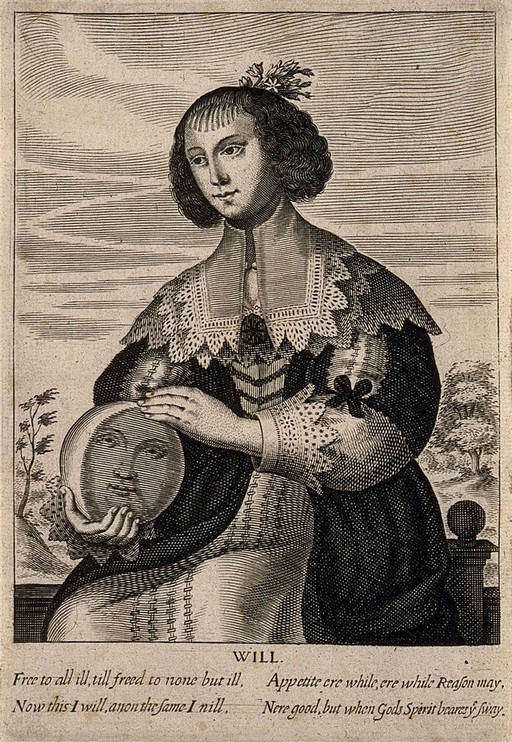 A woman with a globe containing a face; representing the faculty of the will. Engraving by T. Jenner (?), c. 1650.