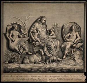 view Female figures representing the elements of air, earth and water. Etching by G. Vascellini after A. Fedi the elder after bas-relief in Florence.