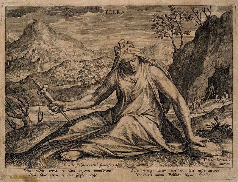 Cybele wearing a turreted crown and holding a sceptre; in the background men work on the land; representing Earth, one of the four elements. Engraving by J. Sadeler, 1587, after D. Barendsz., 1587, by Dirck Barendsz.