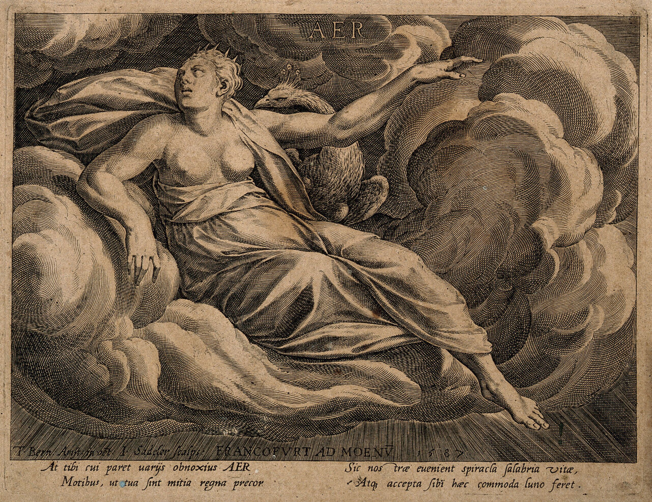 Juno with her peacock in the clouds; representing the element of air. Engraving by J. Sadeler, 1587, after D. Barendsz., 1587, by Dirck Barendsz.