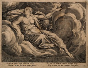 view Juno with her peacock in the clouds; representing the element of air. Engraving by J. Sadeler, 1587, after D. Barendsz.