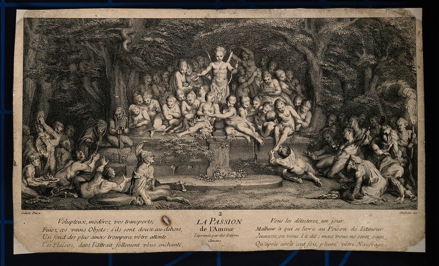 Cupid presides over a group of naked women who sit separated from groups of yearning men; symbolising the passion of love. Etching by J. Audran after C. Gillot.