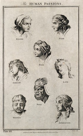 Eight heads showing human passions. Etching by Taylor, 1788, after C. Le Brun.
