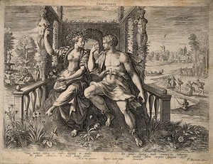 view A man woos a woman in a garden; representing the sanguine temperament. Engraving by R. Sadeler after M. de Vos.