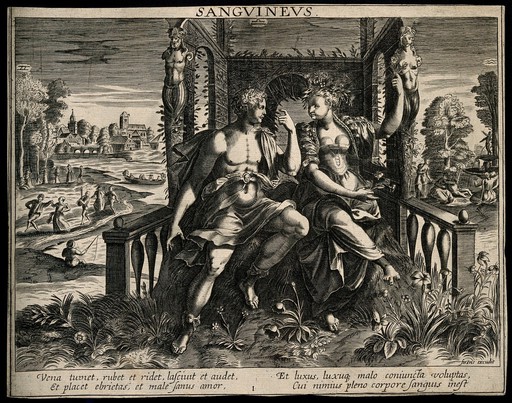 A man woos a woman in a garden; representing the sanguine temperament. Engraving by after M. de Vos.