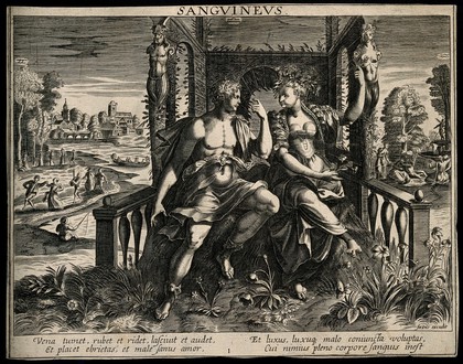 A man woos a woman in a garden; representing the sanguine temperament. Engraving by after M. de Vos.