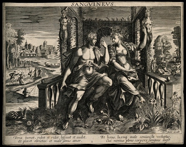 A man woos a woman in a garden; representing the sanguine temperament. Engraving by after M. de Vos.
