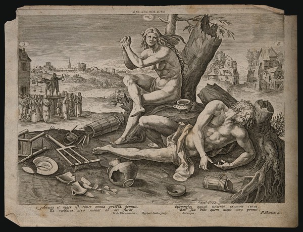 The melancholy temperament: an anxious woman clasps her hands as an agitated man lies on the ground. Engraving by R. Sadeler, 1583, after M. de Vos.