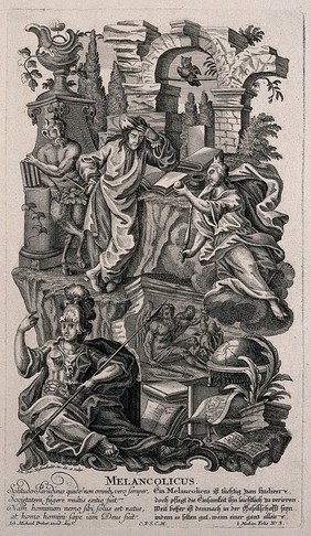 A depressed scholar surrounded by mythological figures; representing the melancholy temperament. Etching by J.D. Nessenthaler, ca. 1750.