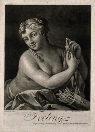 A woman feeling the tip of an arrow with her finger; representing the sense of touch. Mezzotint by A. van Haecken after J. Amigoni.