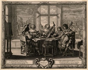 view A group of musicians; representing the sense of hearing. Engraving by A. Bosse, c. 1650.