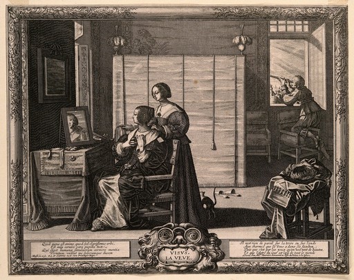 A woman looks at herself in her mirror; a man looks through a telescope; representing the sense of sight. Engraving by A. Bosse after himself, c. 1650.