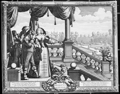 People smelling flowers on the steps of an ornamental garden; representing the sense of smell. Engraving by A. Bosse after himself, ca. 1638.