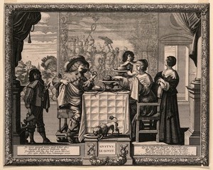 view People eating and drinking before a tapestry; representing the sense of taste. Engraving by A. Bosse after himself, c. 1650.