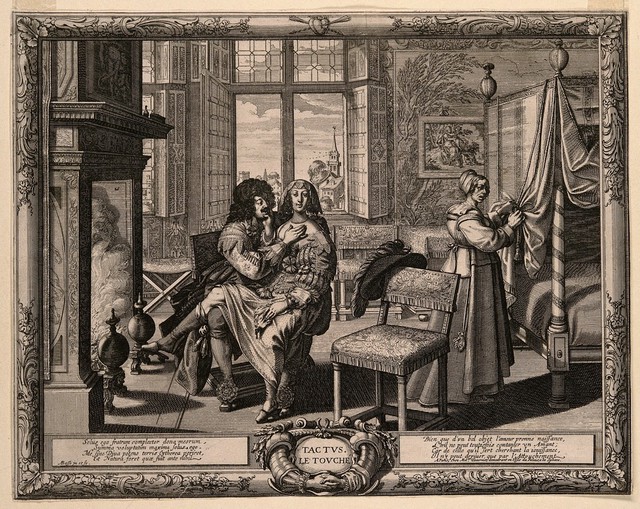 A man caresses a woman; representing the sense of touch. Engraving by A. Bosse after himself, c. 1650.
