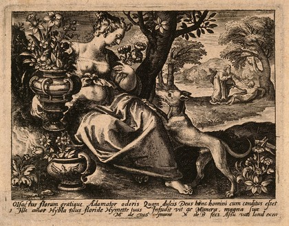 A woman in a garden with some flowers; in the background God blows spirit into Adam's body; representing the sense of smell. Engraving by N. de Bruyn after M. de Vos.