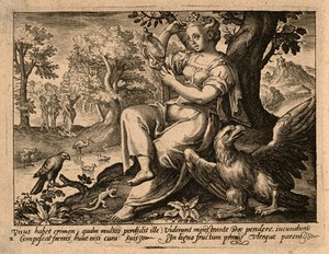 view A woman looking into a hand-mirror; in the background God shows Adam and Eve the tree of knowledge. Engraving by N. de Bruyn after M. de Vos.
