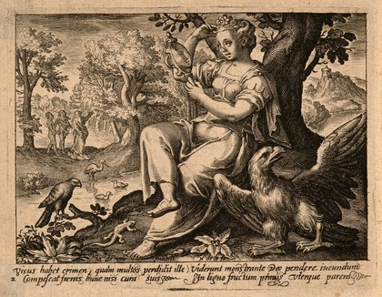 A woman looking into a hand-mirror; in the background God shows Adam and Eve the tree of knowledge. Engraving by N. de Bruyn after M. de Vos.