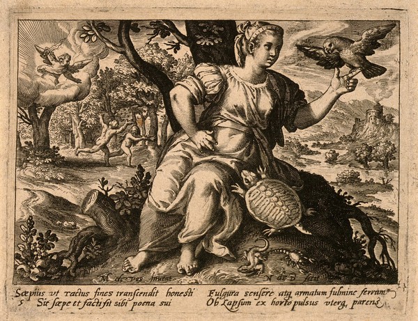 A tortoise climbs up a female figure as she reaches out to a bird; in the background Adam and Eve are chased from Eden by the archangel Michael with his sword; representing the sense of touch. Engraving by N. de Bruyn after M. de Vos.