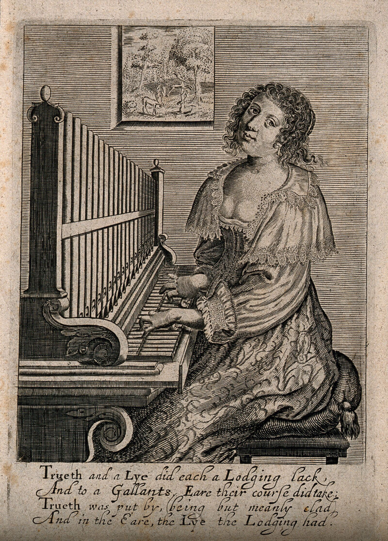 A woman sitting at an organ; representing the sense of hearing. Engraving, 16--., by George Glover