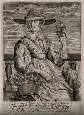 A woman with some flowers; representing the sense of smell. Engraving, 16--.