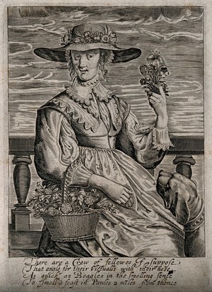 view A woman with some flowers; representing the sense of smell. Engraving, 16--.