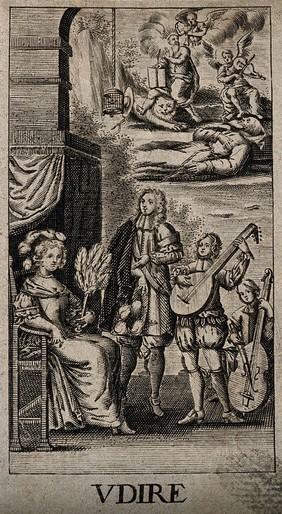 Music being played to a lady, while above an angel blows a trumpet into Jerome's ear; representing the sense of hearing. Engraving after G. Collaert, 1630, after N. van der Horst.