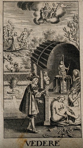 A voyeur watches women taking a bath while above a monk is martyred; representing the sense of sight. Engraving after G. Collaert, 1630, after N. van der Horst.