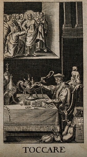 The sense of touch: below, a bespectacled man examines coins and valuables, above, St Thomas puts his finger into the resurrected Christ's side. Engraving after G. Collaert, 1630, after N. van der Horst.