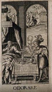 The sense of smell: a man lying in bed smells flowers as another lights some incense, above, a priest stands before a burning sacrifice of a lamb. Engraving after G. Collaert, 1630, after N. van der Horst.