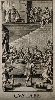 The sense of taste: diners around a feasting table containing a swan and a human skeleton, above, scenes of communion and Abraham and the three angels. Engraving after G. Collaert, 1630, after N. van der Horst.