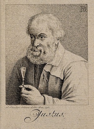 view A man with a glass of spirits; representing the sense of taste. Pen drawing by A. Overlaet, 1761, after D. Teniers.