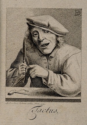 view A man cuts his finger with a knife; representing the sense of touch. Pen drawing by A. Overlaet, 1761, after D. Teniers.