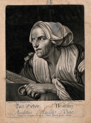 view A woman playing the barrel-organ; representing the sense of hearing. Mezzotint by A.H.J. Degmair after P.A. Wille.