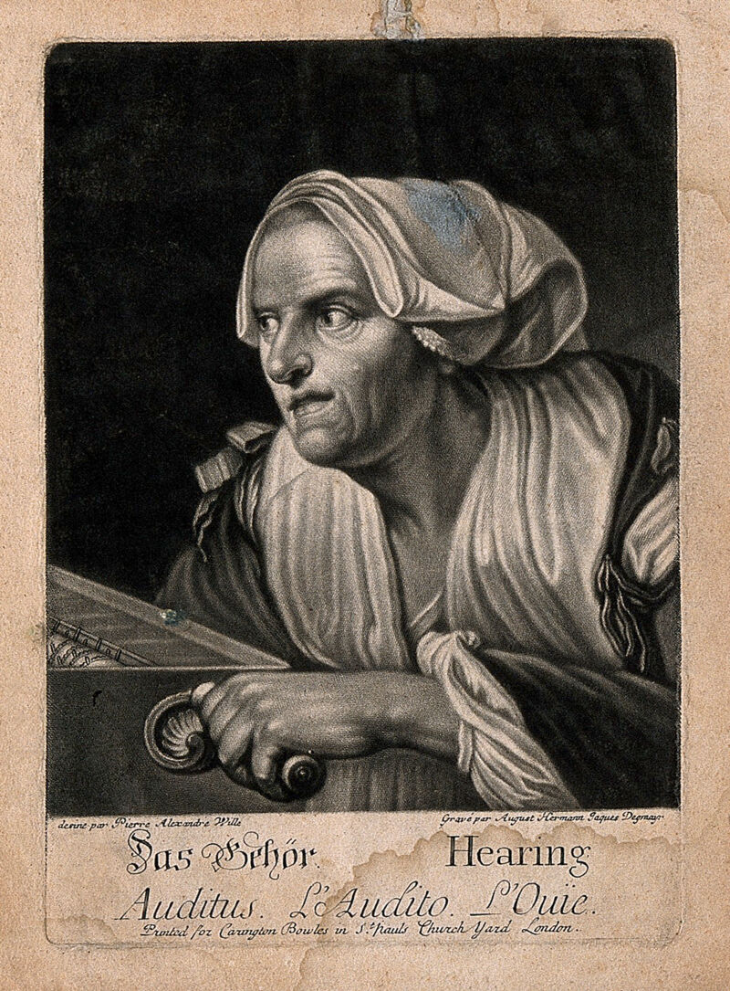 A woman playing the barrel-organ; representing the sense of hearing. Mezzotint by A.H.J. Degmair after P.A. Wille., by Pierre-Alexandre Wille