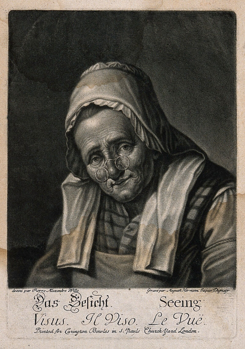 An old woman wearing spectacles; representing the sense of sight. Mezzotint by A.H.J. Degmair after P.A. Wille., by Pierre-Alexandre Wille