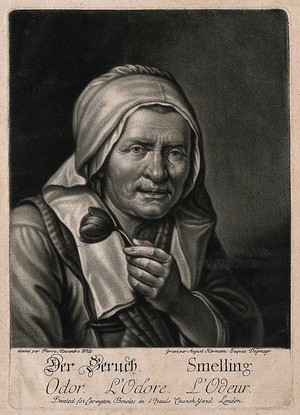 view An old woman with a flower; representing the sense of smell. Mezzotint by A.H.J. Degmair after P.A. Wille.