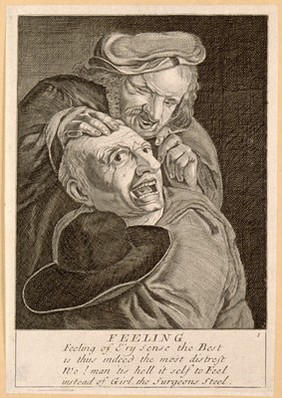 A barber-surgeon operating on a man's head; representing the sense of touch. Engraving, 16--.